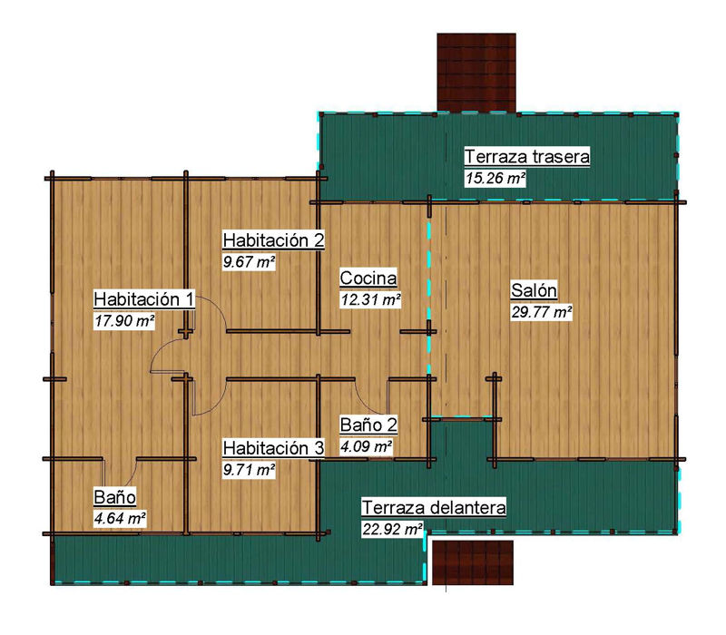 casas de madera de 90m2 + 38m2 de terraza
